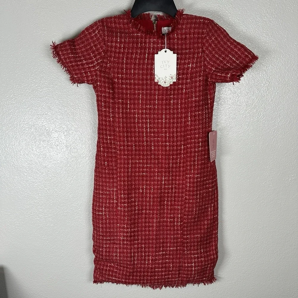 NEW IVY CITY CO Girls Reese Mini Dress Size 9/10T Red Tweed Gold Zipper Wool
